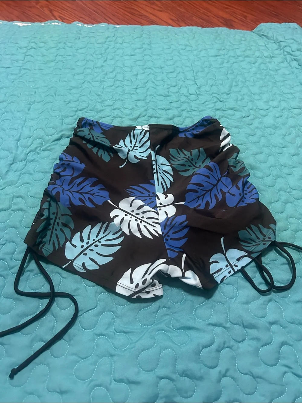 Amazon Black Halter Tankini Top with Blue & Teal Tropical Swim Shorts